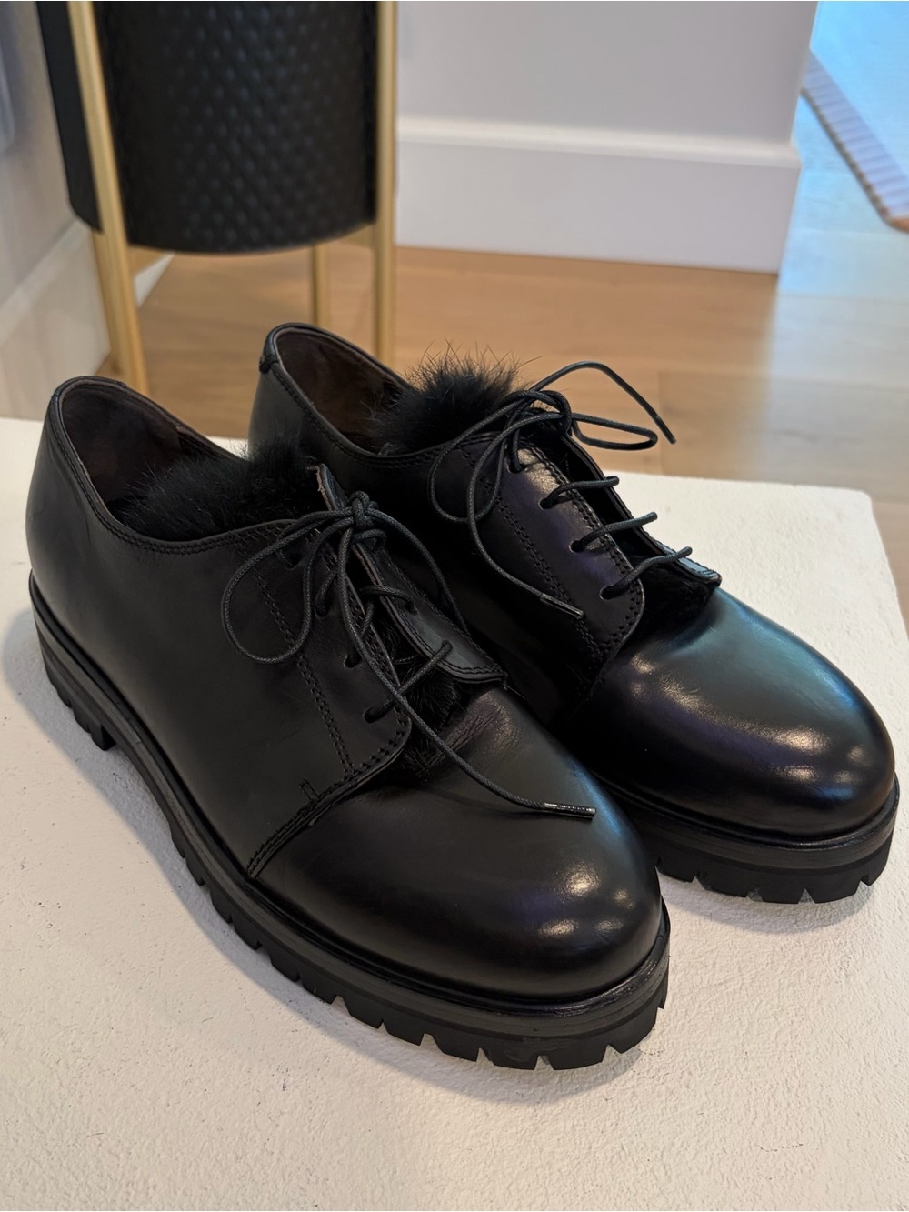 AGL Attilio Giusti Leombruni W 5.5 Black Leather Rabbit Fur Lugged Sole Derby